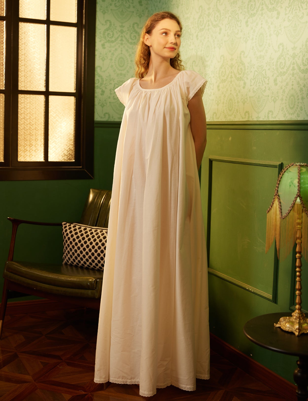 comfortable Victorian maternity nightgown featuring empire waist design and flowing silhouette