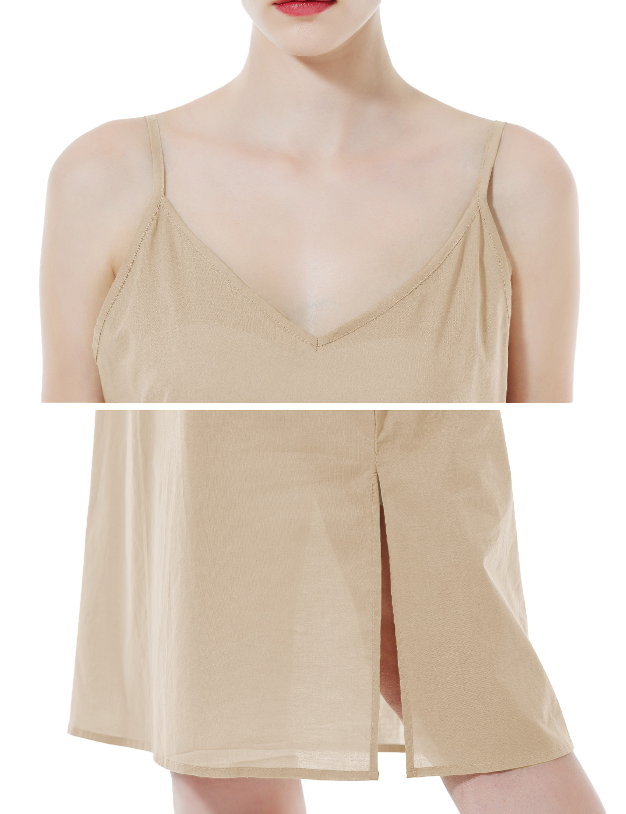 Women's long cotton slip in nude - detail view showing knee-length design with adjustable straps