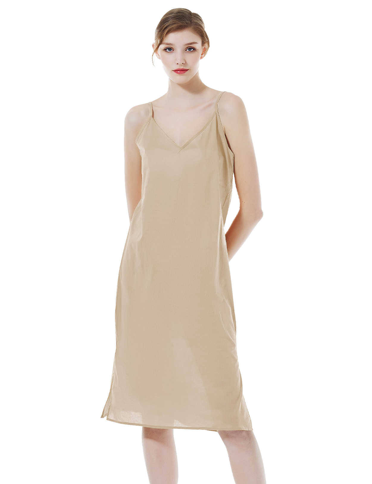 Women's long cotton slip in nude - front view showing knee-length design with adjustable straps