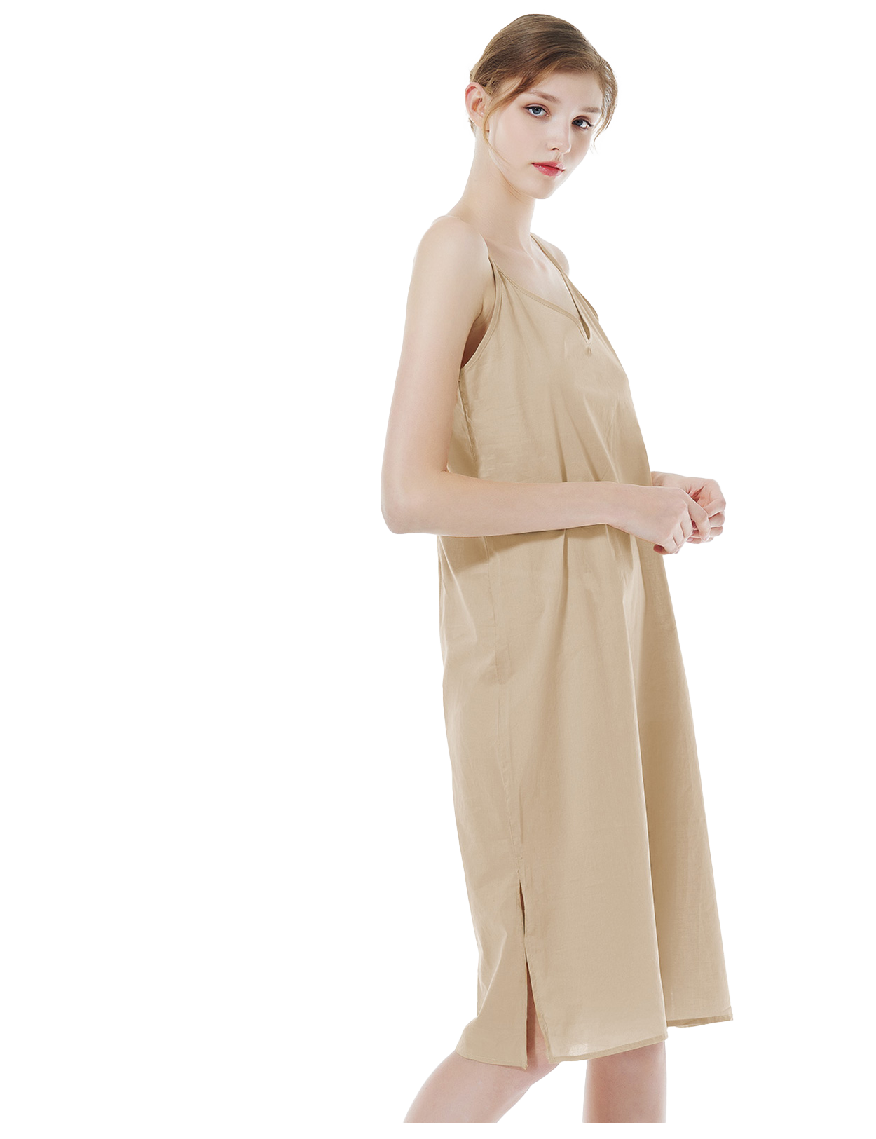 Women's long cotton slip in nude - side view showing knee-length design