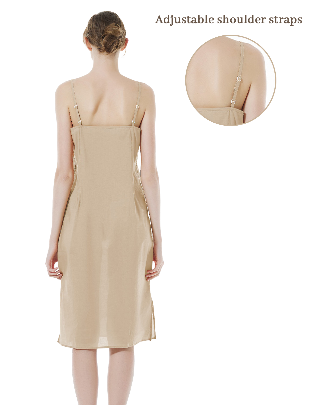 Women's long cotton slip in nude - back view showing knee-length design with adjustable straps