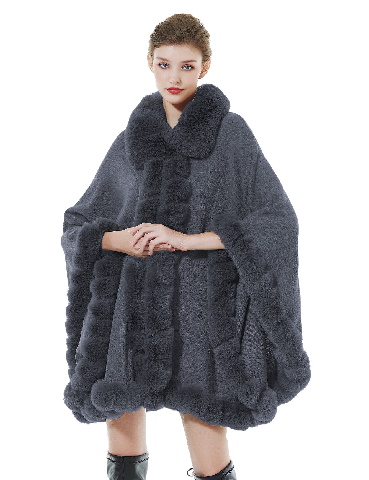 Trendy oversized knit cape coat with hood and faux fur trim