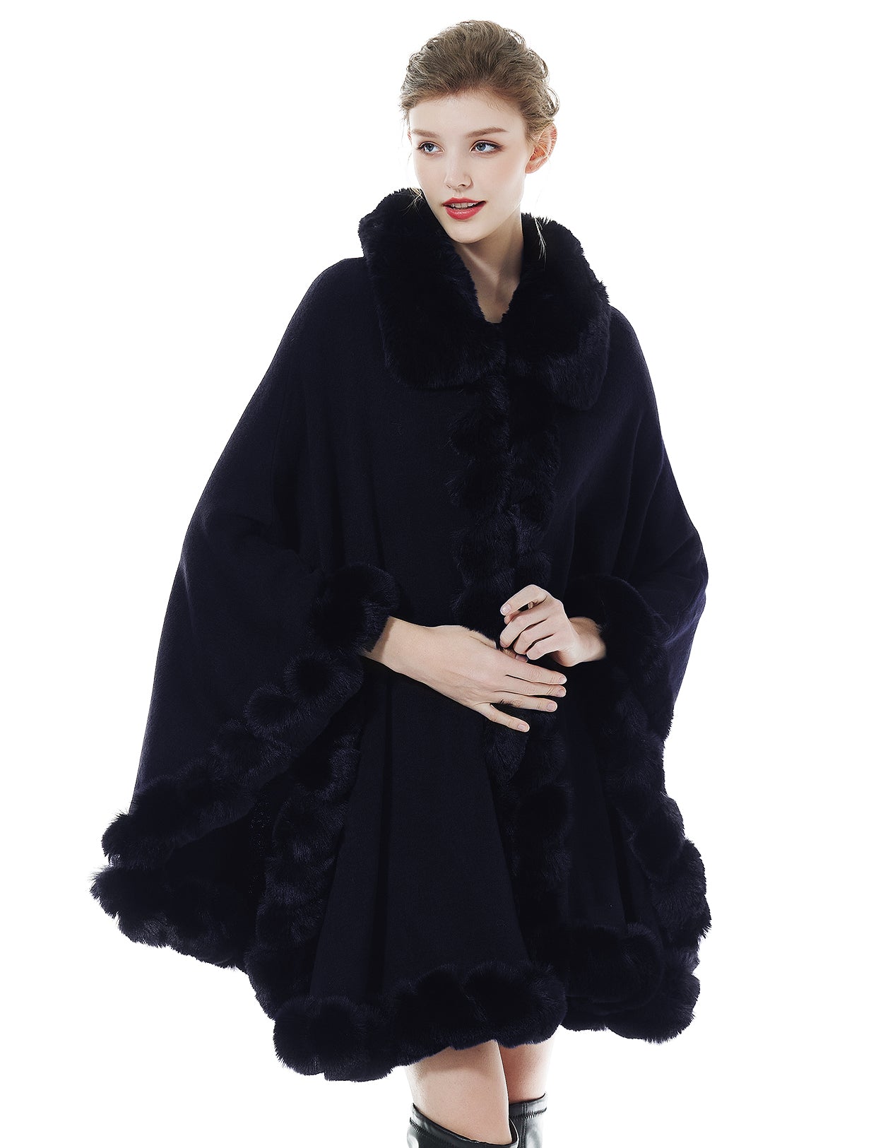 Trendy oversized knit cape coat with hood and faux fur trim