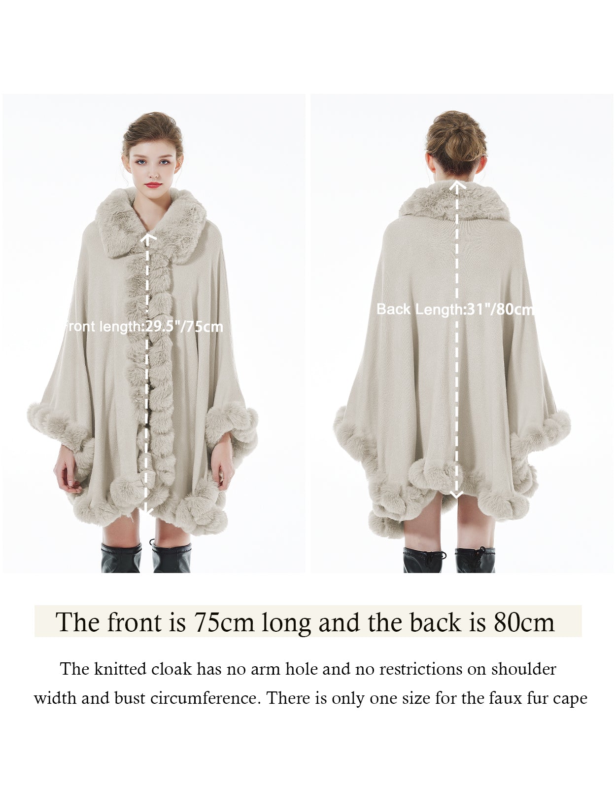 Trendy oversized knit cape coat with hood and faux fur trim length details