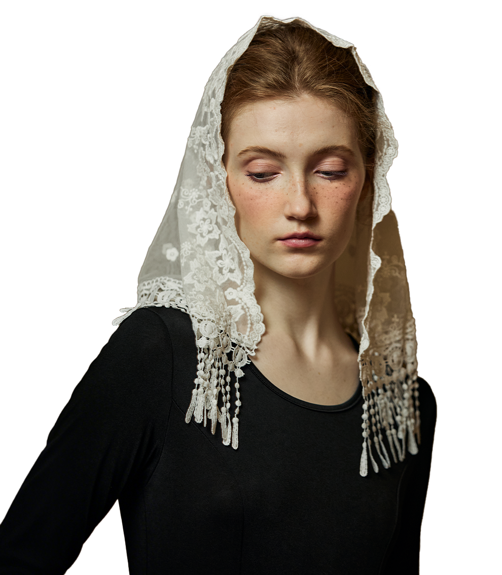 Ivory Chapel Veil with Floral Embroidery and Long Tassels