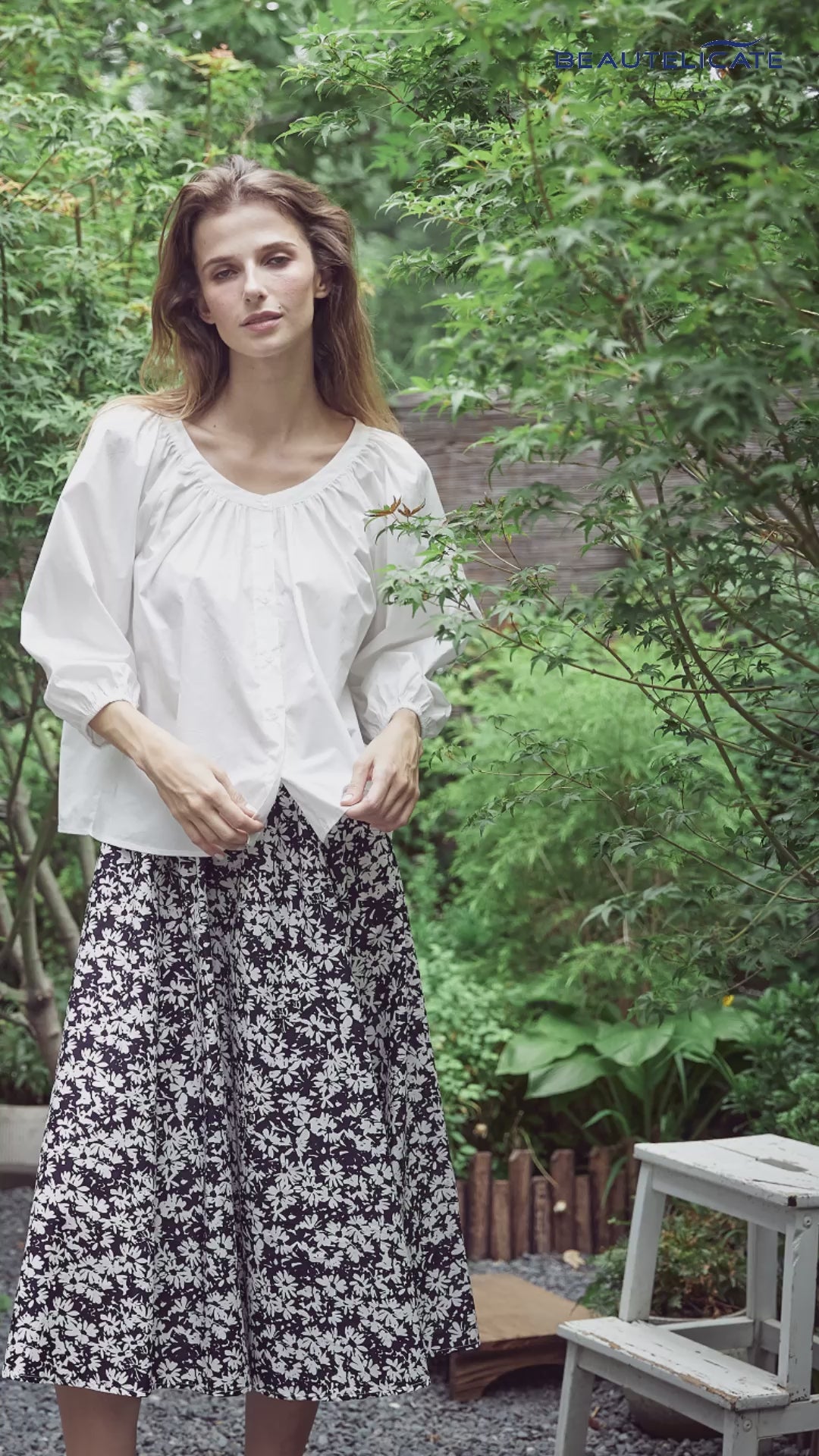 Victorian cotton blouse with 3/4 balloon sleeves in off-white color, showing elegant vintage-inspired design