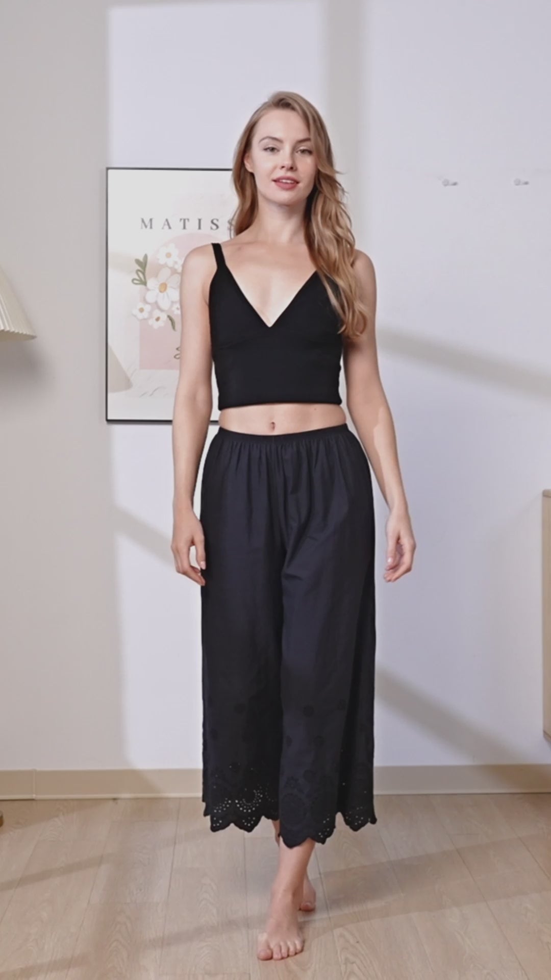 Vintage cotton cropped sleep shorts pettipants with delicate lace edge trim in black color