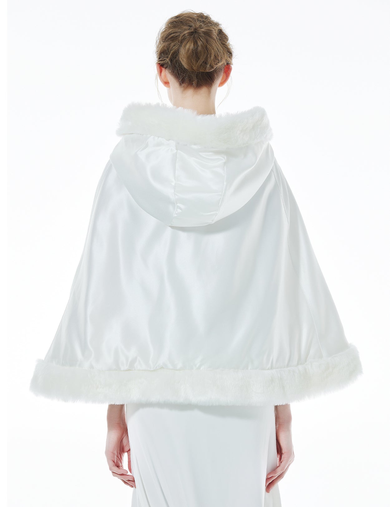 Elegant reversible bridal cape with hooded design and luxurious fur trim - back view