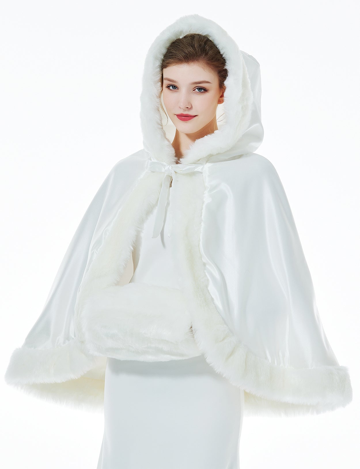 Elegant reversible bridal cape with hooded design and luxurious fur trim - front view