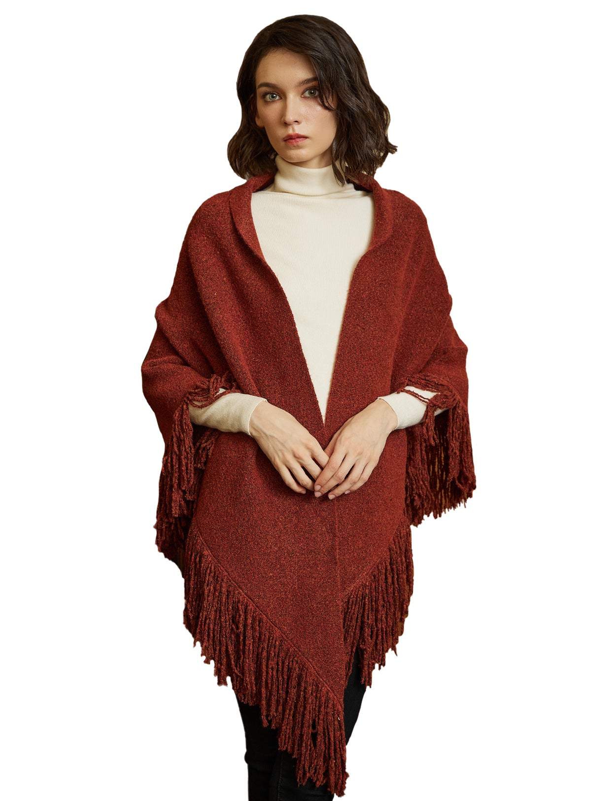 Wool blend knitted shawl with fringe detail - cozy blanket wrap for women