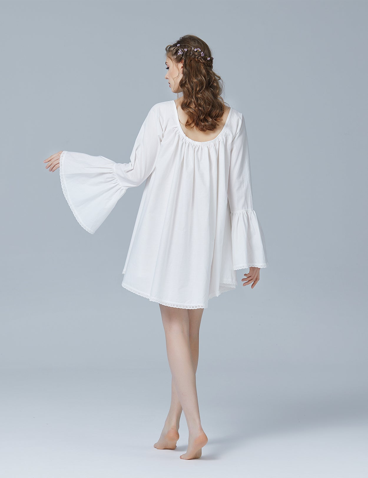 Back view of women's Victorian cotton babydoll nightgown with oversized fit and breathable cotton fabric