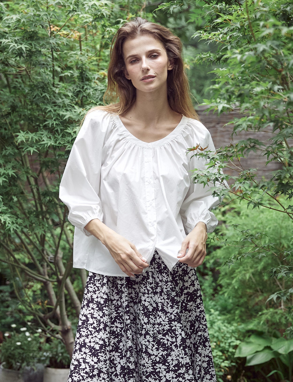 Victorian cotton blouse with 3/4 balloon sleeves in off-white color, showing elegant vintage-inspired design