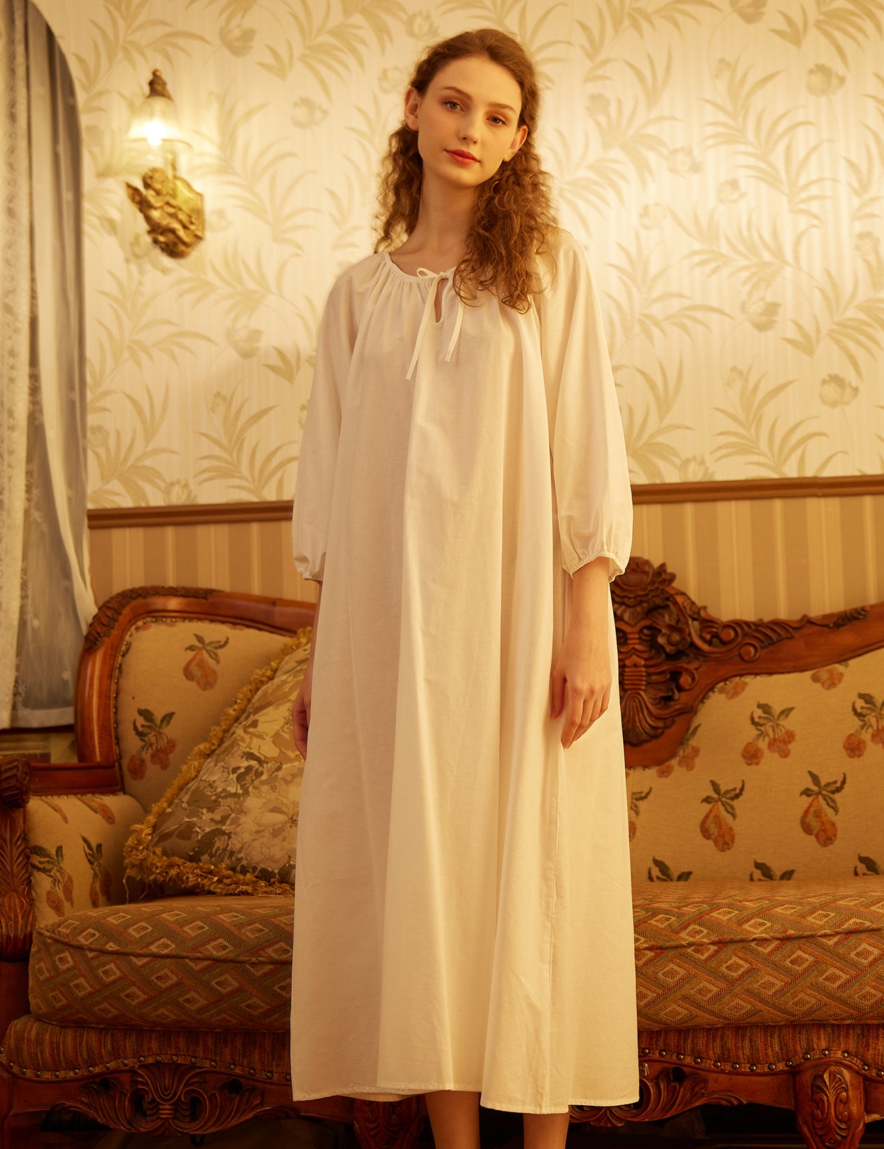 White Victorian maxi nightgown with long trumpet sleeves made from 100% cotton