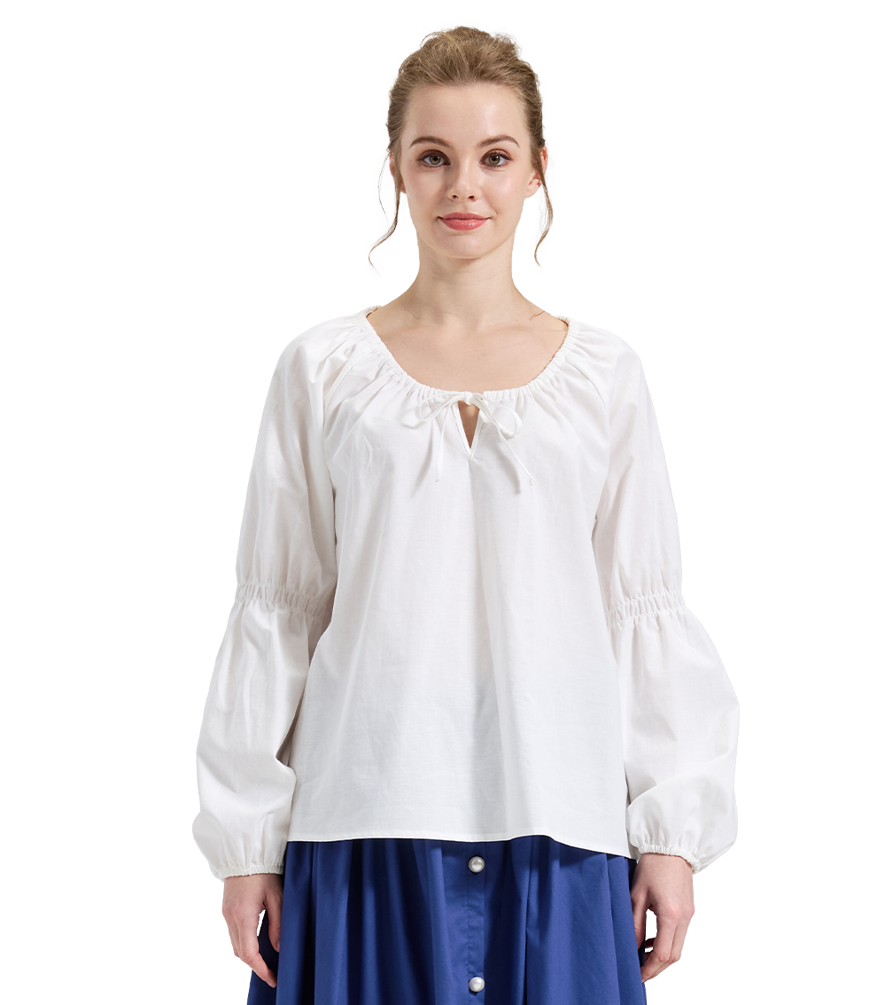 Front view of a vintage cottagecore ivory top featuring long puff sleeves and a gathered elastic neckline.