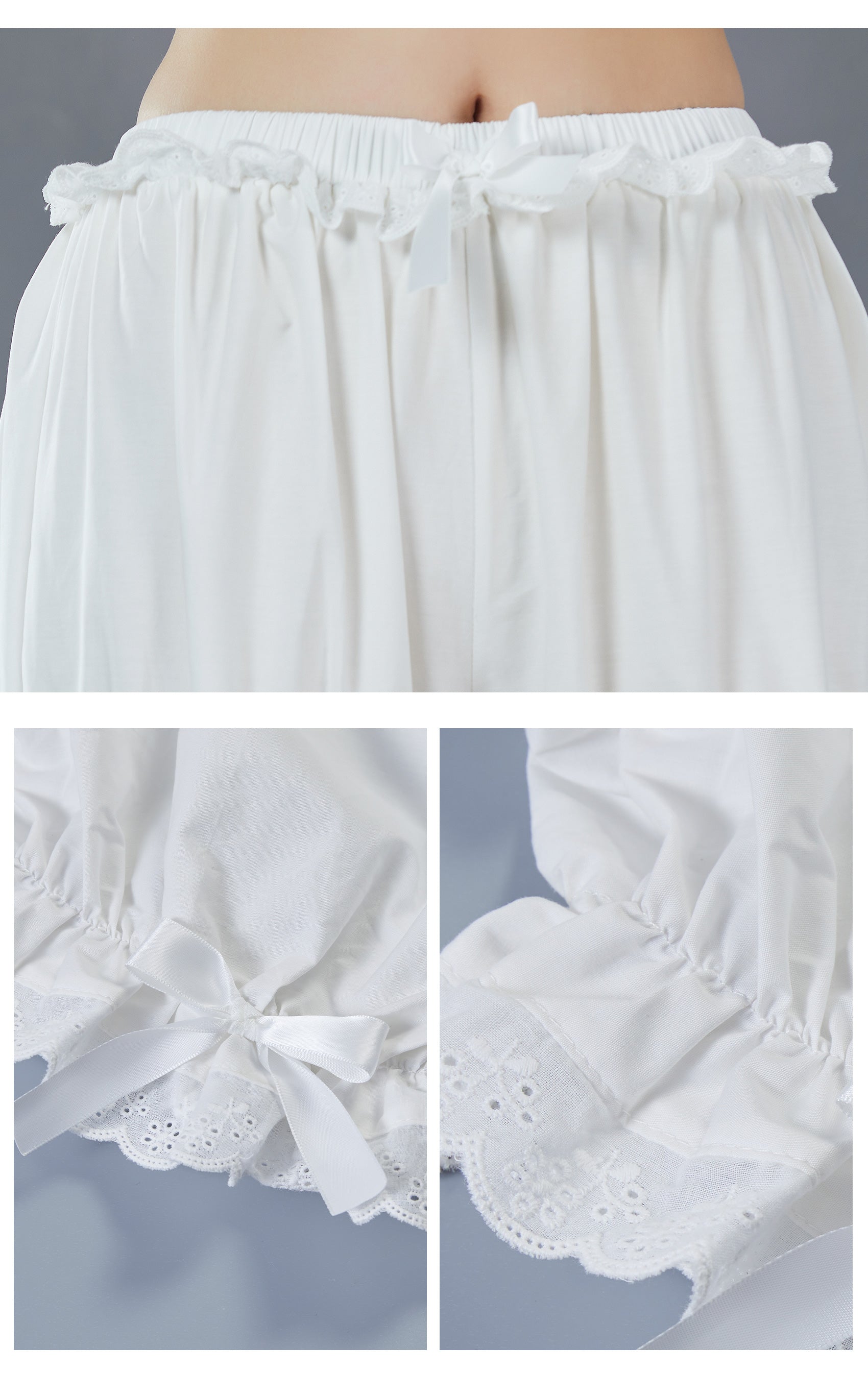 Close-up detail of cotton fabric texture and ruffle trim on women's bloomers