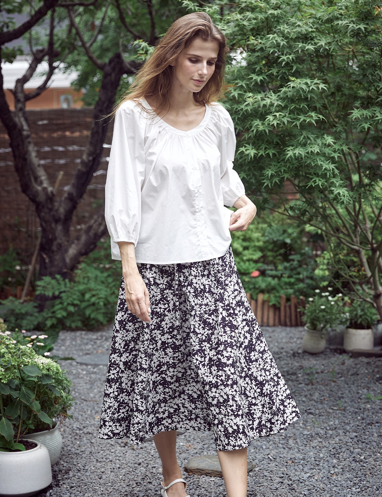 Victorian cotton blouse with 3/4 balloon sleeves in off-white color, showing elegant vintage-inspired design