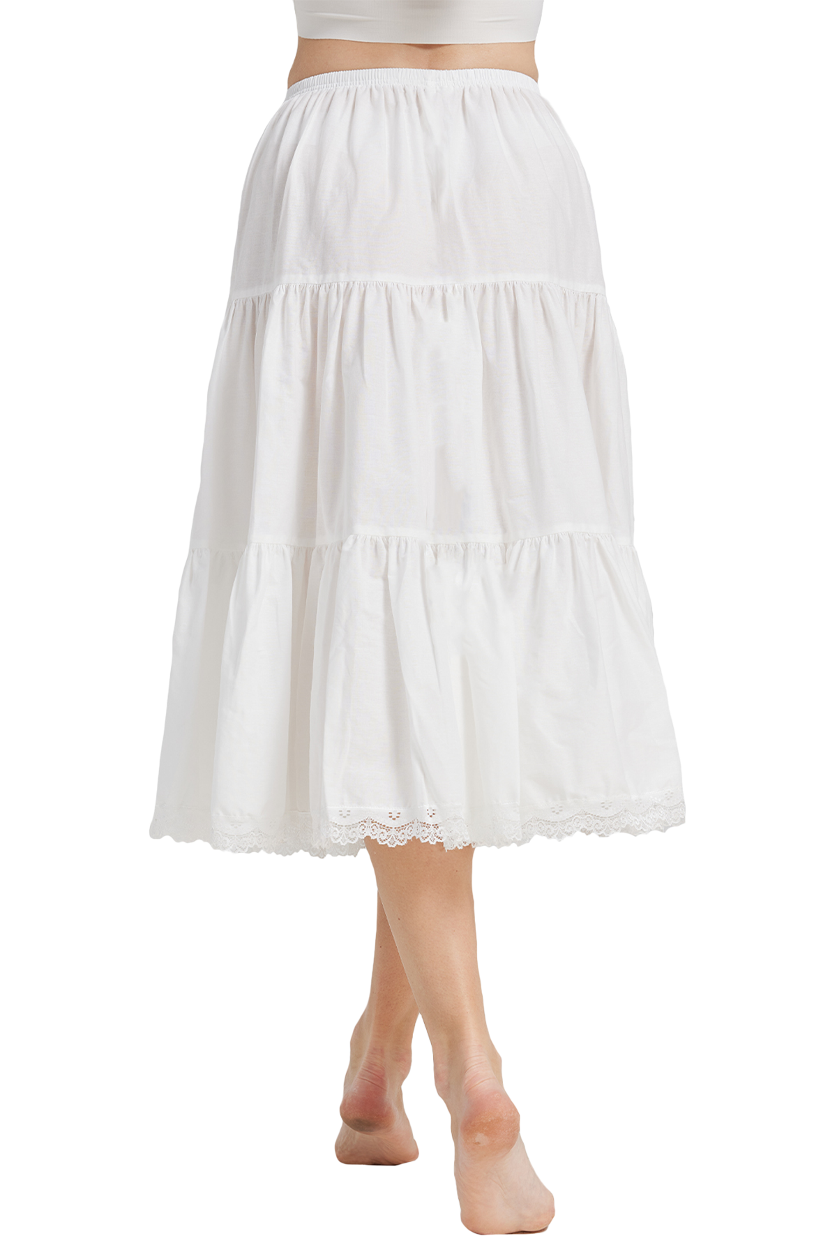 Ivory lace cotton slip extender with delicate vintage-style lace trim, front view showing full length and elegant design