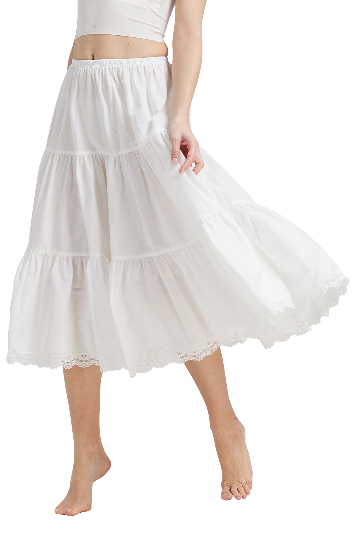 Ivory lace cotton slip extender with delicate vintage-style lace trim, front view showing full length and elegant design