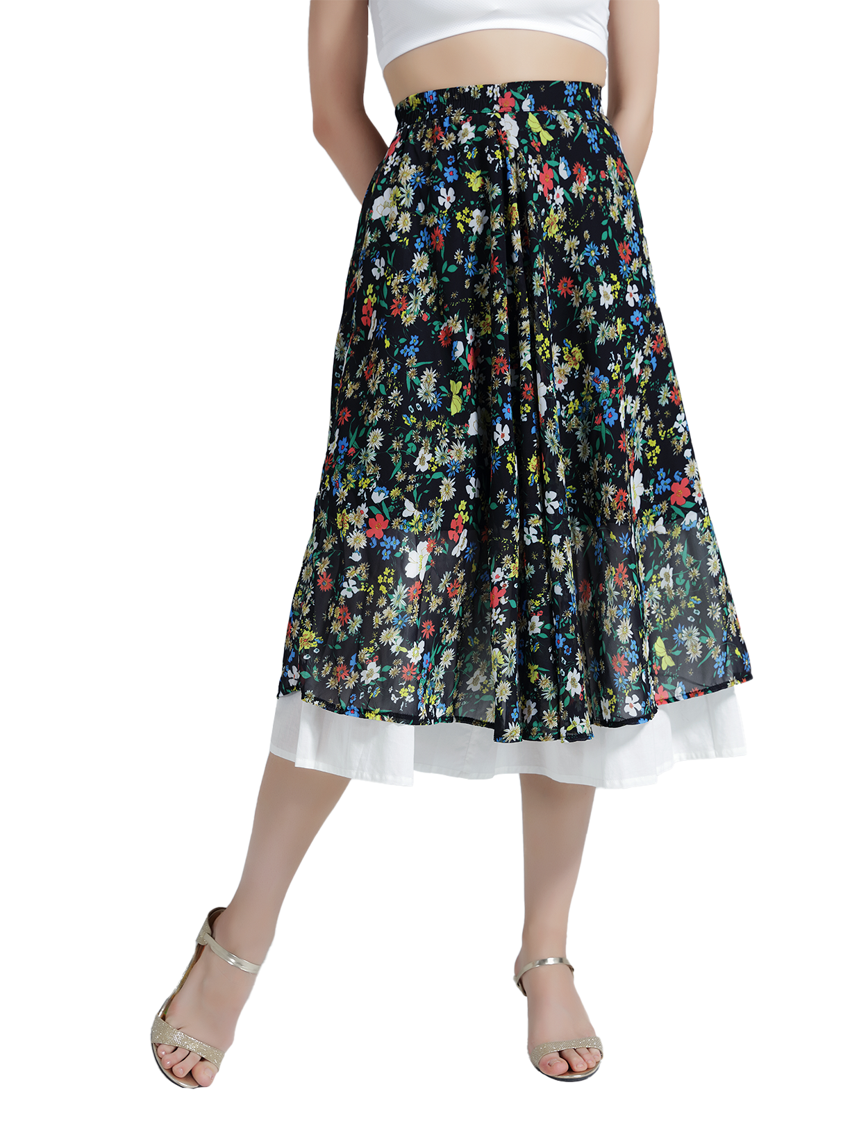 Elegant ivory white vintage cotton half slip tea skirt extender with elastic waistband - wearing effect