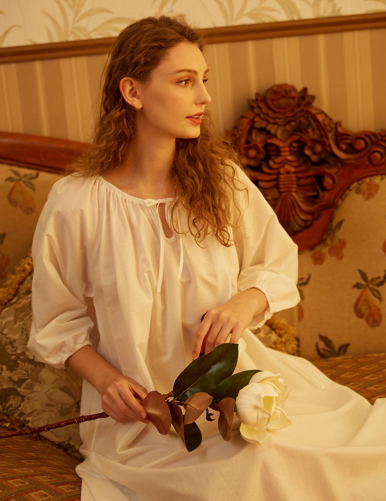 White Victorian maxi nightgown with long trumpet sleeves made from 100% cotton