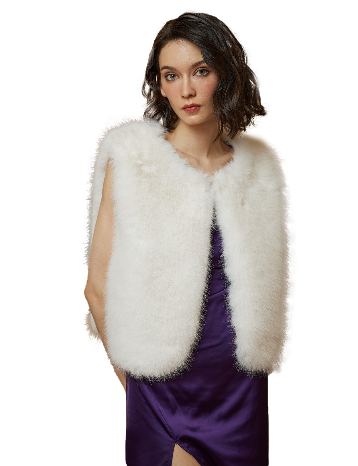 White faux mink fur sleeveless vest for women
