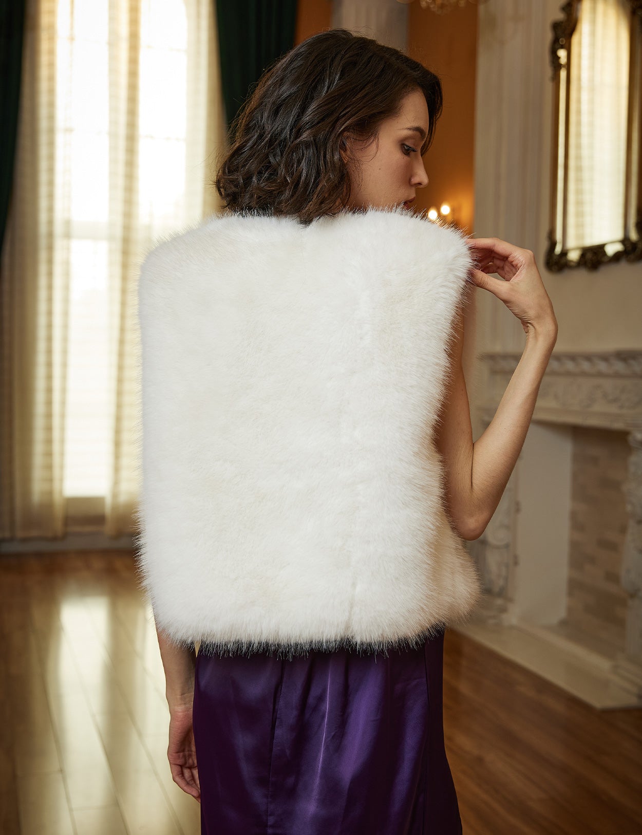 White faux mink fur sleeveless vest for women