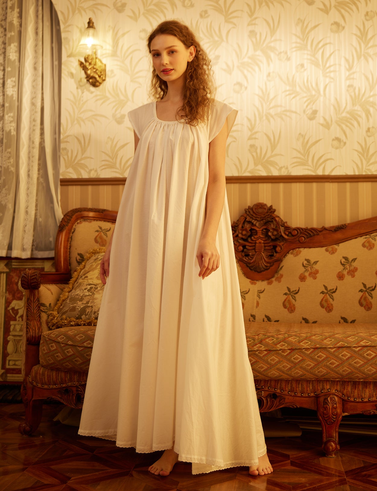 Victorian-inspired lace trim on premium cotton maternity nightgown showing delicate craftsmanship