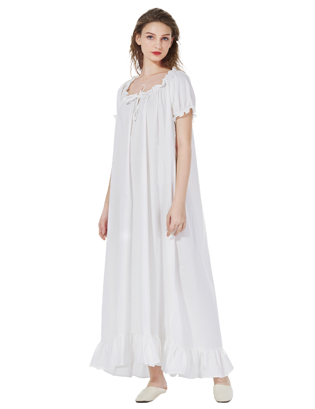 Front view of long oversize Victorian cotton maternity nightgown