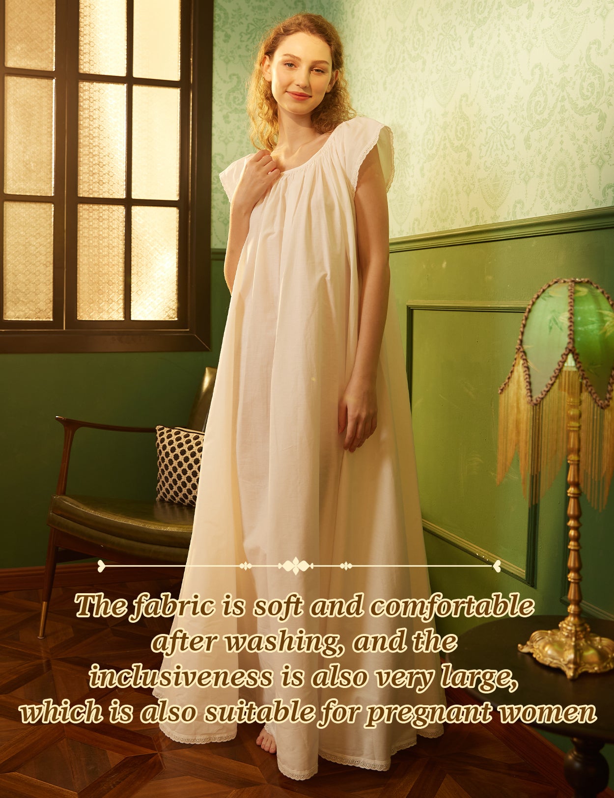premium 100% cotton fabric and delicate lace trim on Victorian maternity sleepwear