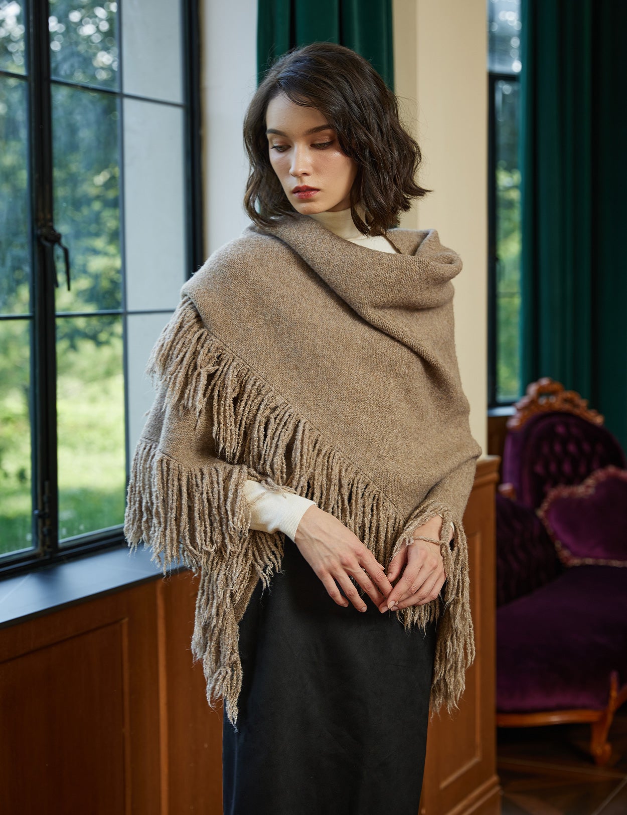 Wool blend knitted shawl with fringe detail - cozy blanket wrap for women