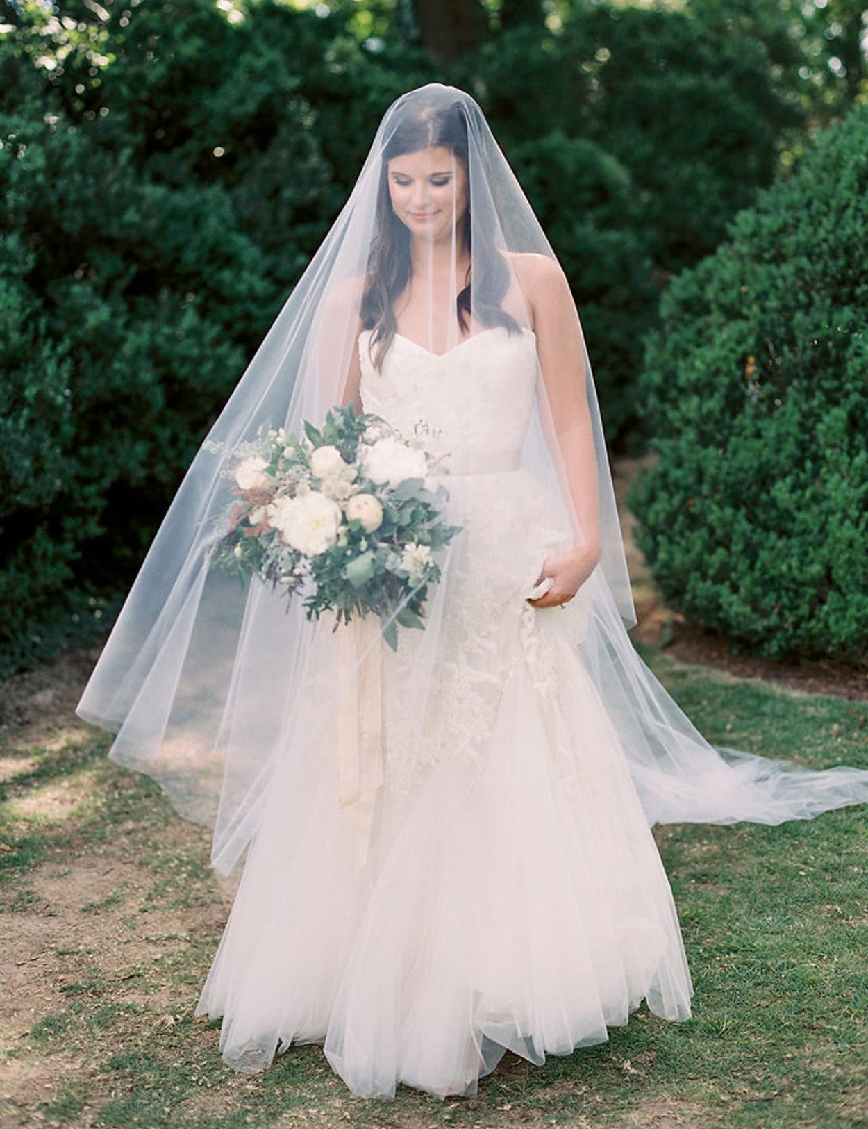 Cathedral length wedding veil with long blusher, elegant simple bridal accessory