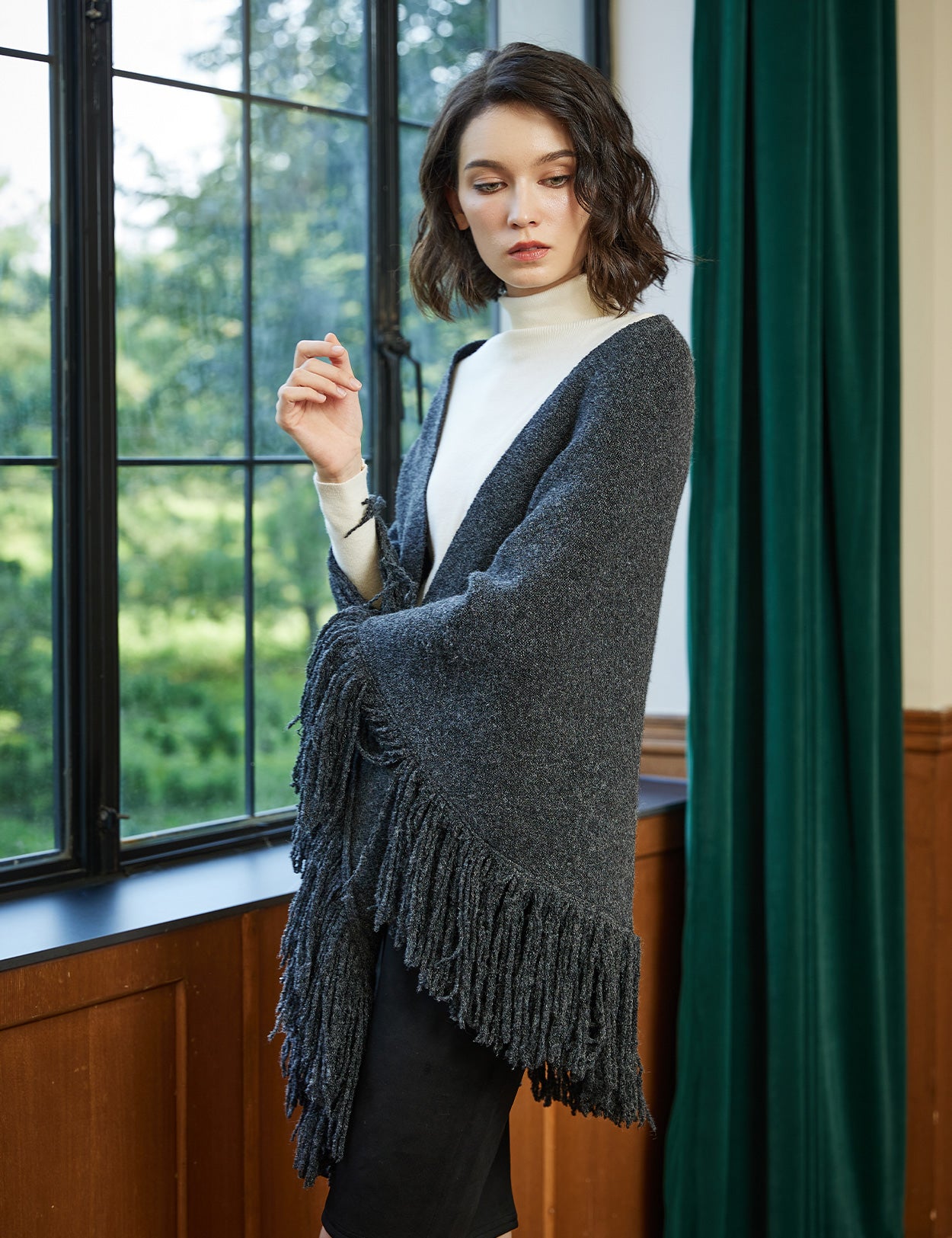 Wool blend knitted shawl with fringe detail - cozy blanket wrap for women