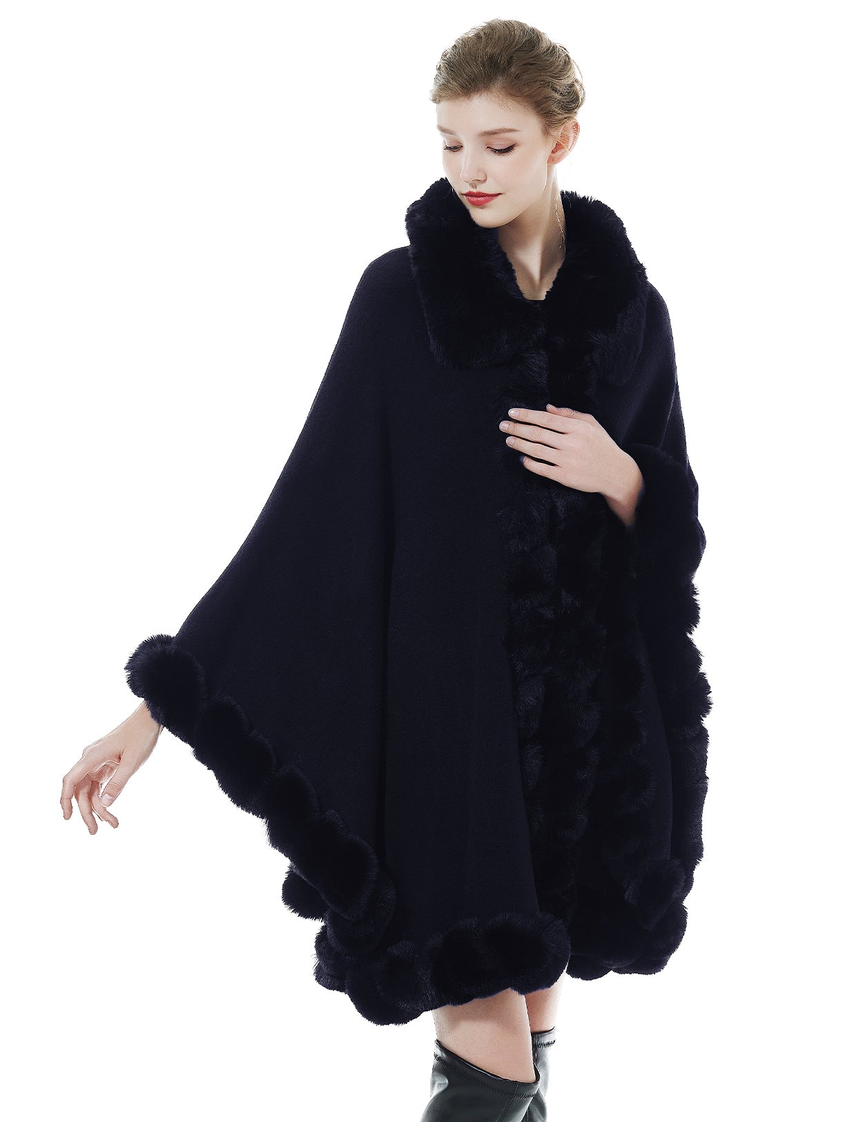 Trendy oversized knit cape coat with hood and faux fur trim