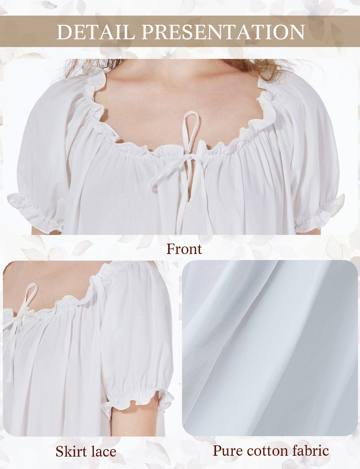 Close-up detail of vintage lace trim U-neck on Victorian style nightgown