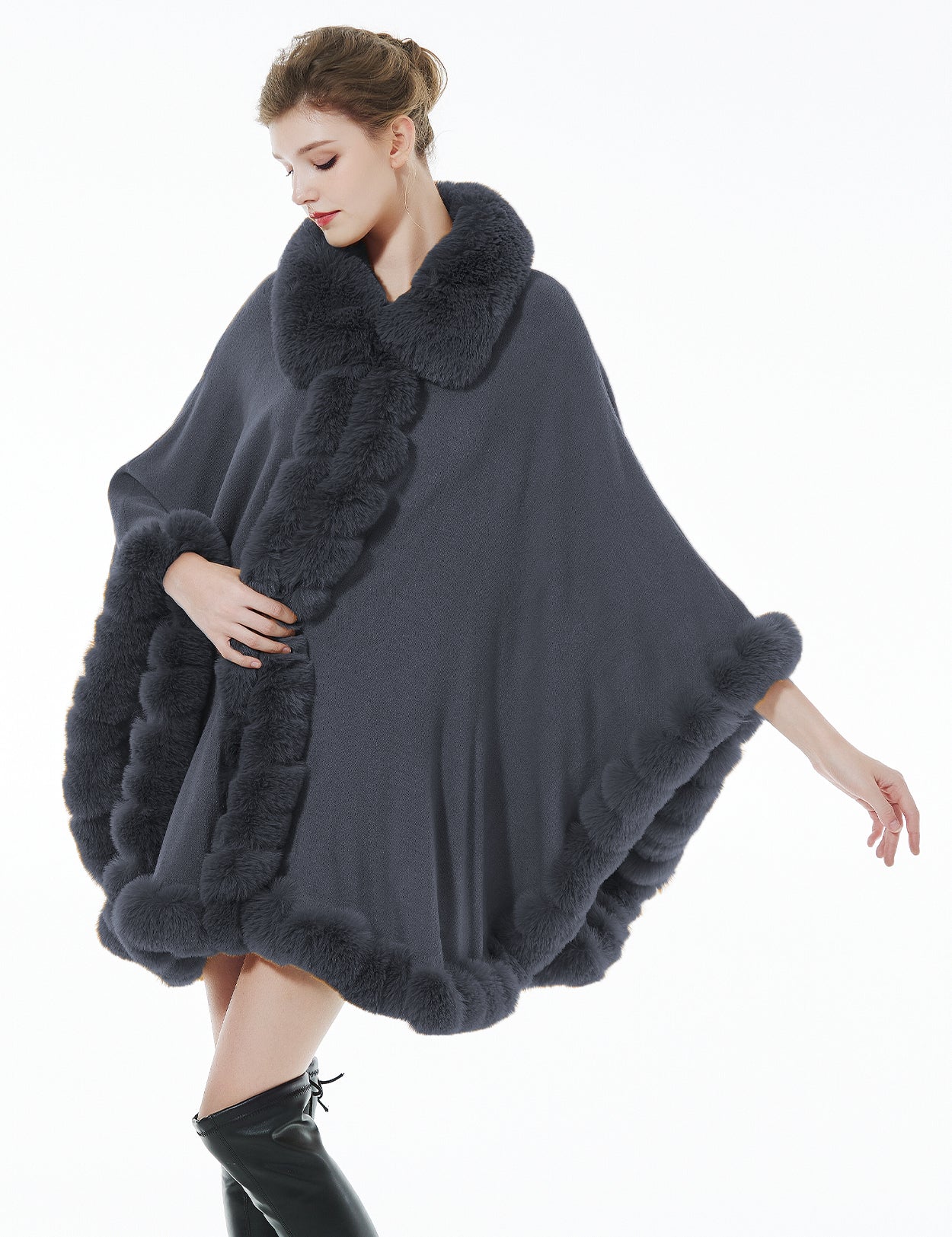 Trendy oversized knit cape coat with hood and faux fur trim