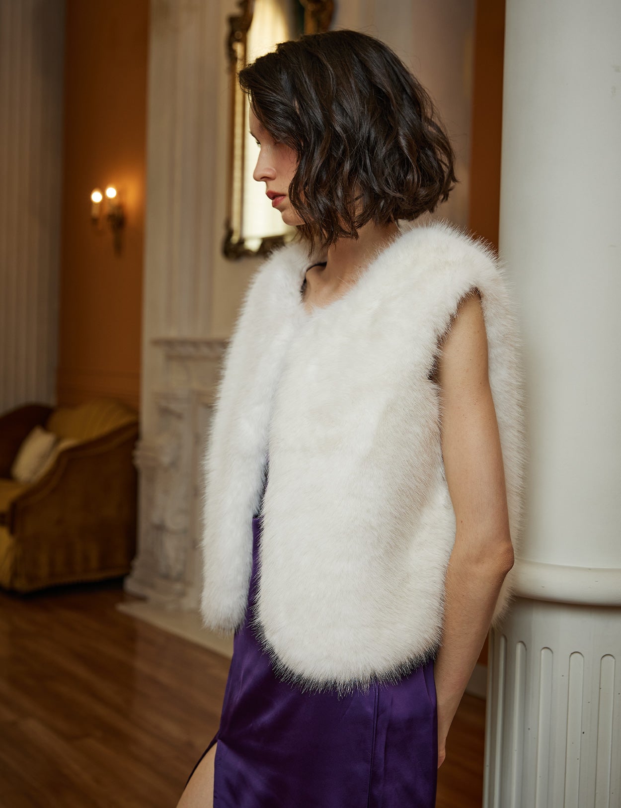 White faux mink fur sleeveless vest for women