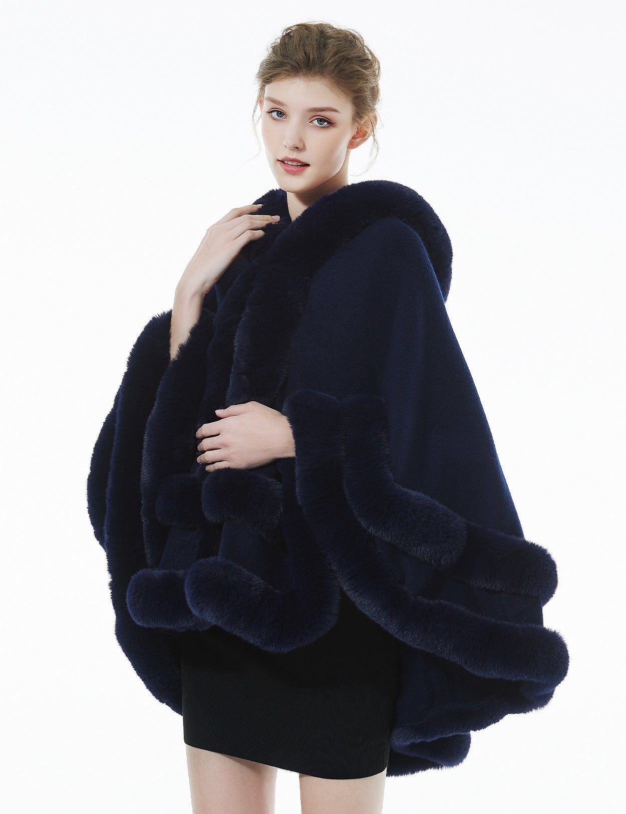 Women's darkblue hooded knit cape with faux fur trim - elegant winter outerwear for sizes 8-16W