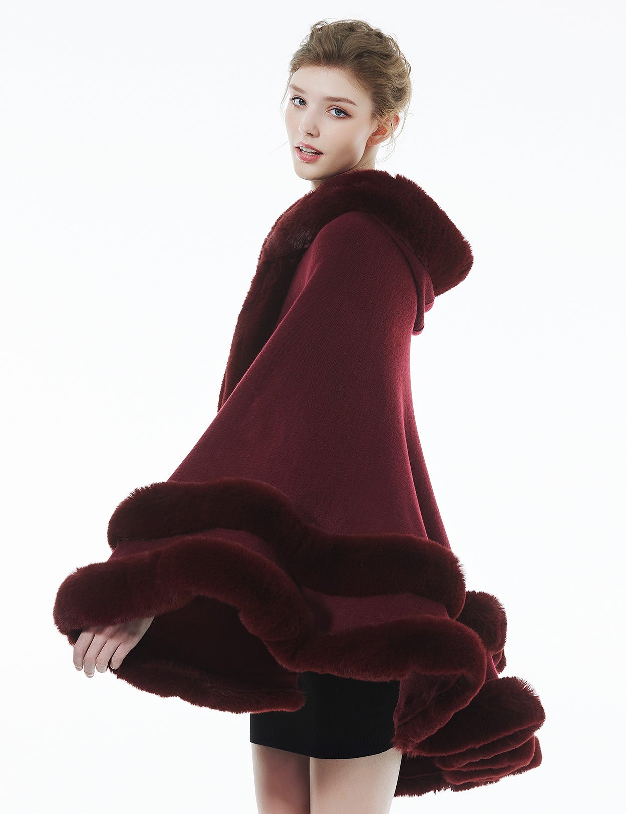 Women's burgundy hooded knit cape with faux fur trim - luxury winter wrap for weddings and parties