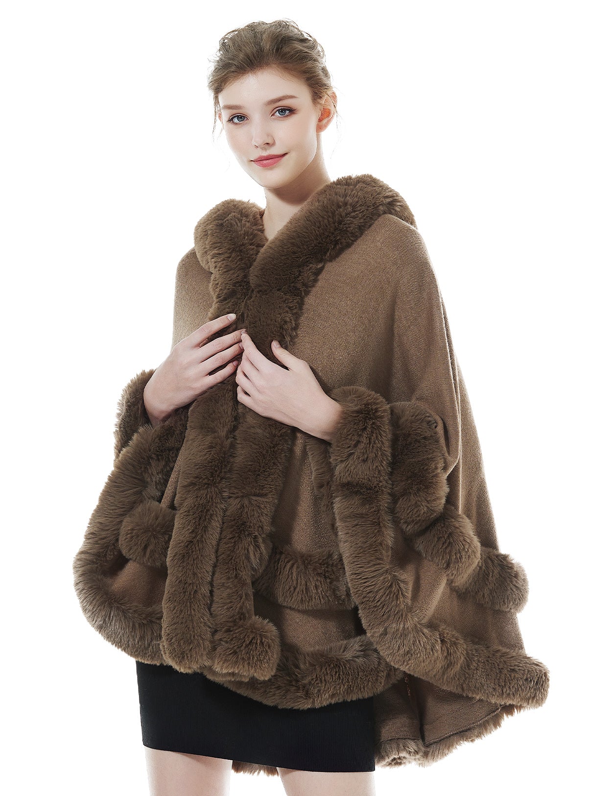 Women's khaki hooded knit cape with faux fur trim - stylish winter coat for special occasions