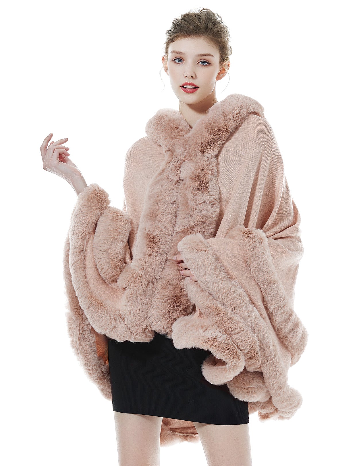 Women's pink hooded knit cape with faux fur trim - elegant winter outerwear for sizes 8-16W
