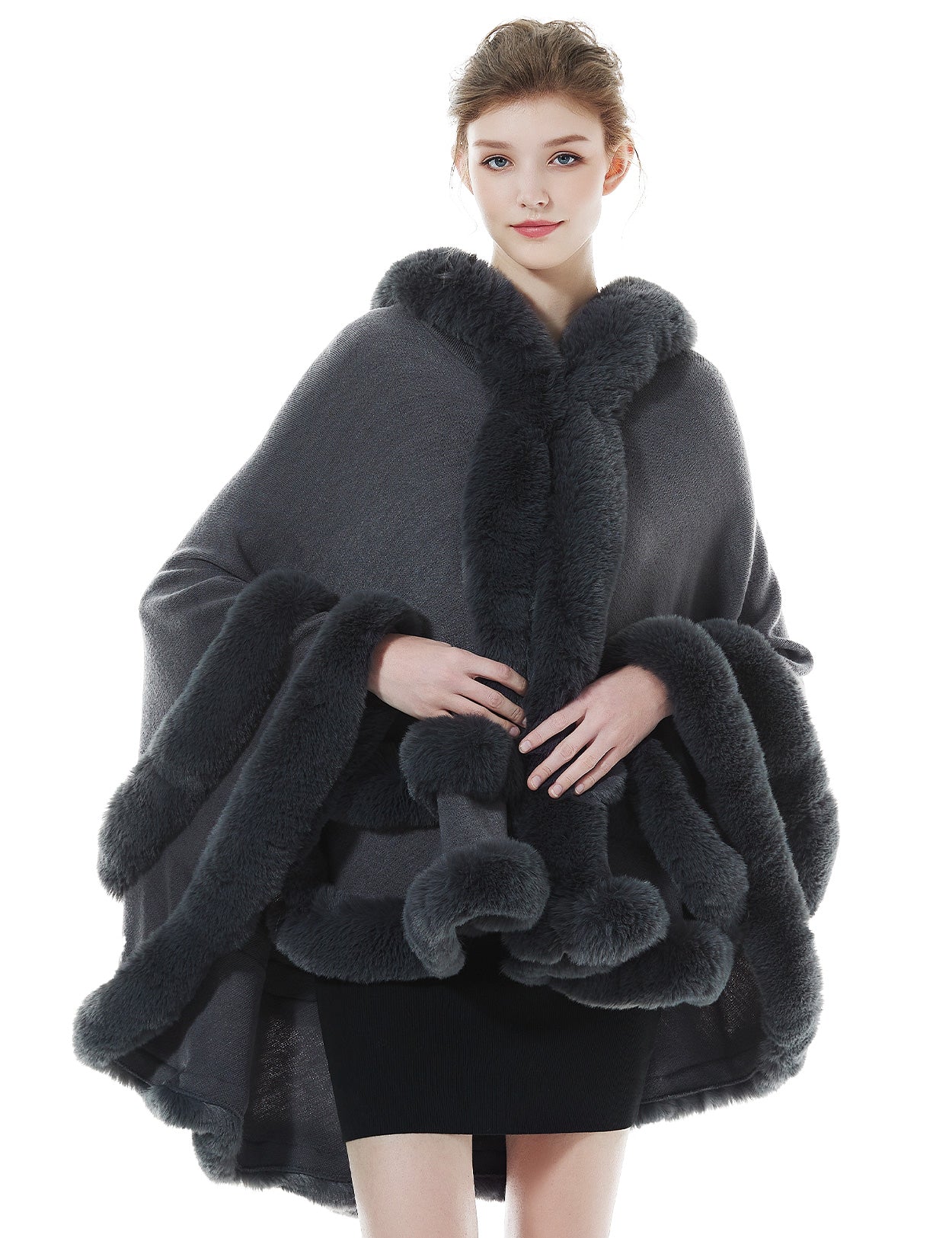 Women's stone grey hooded knit cape with faux fur trim - elegant winter outerwear for sizes 8-16W