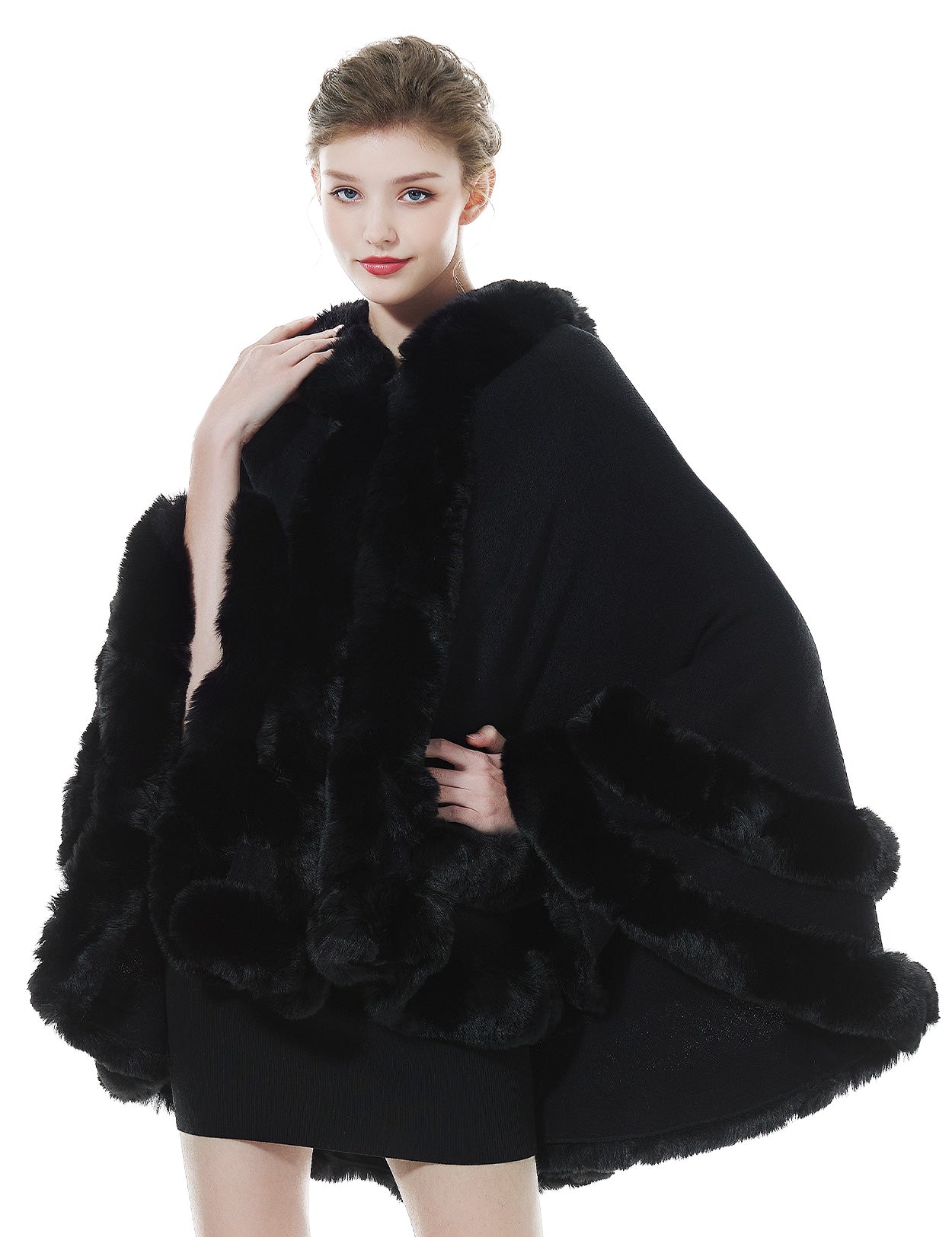 Women's black hooded knit cape with faux fur trim - stylish winter coat