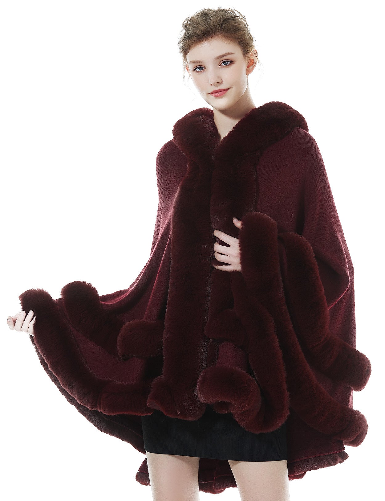 Women's burgundy hooded knit cape with faux fur trim - luxury winter wrap