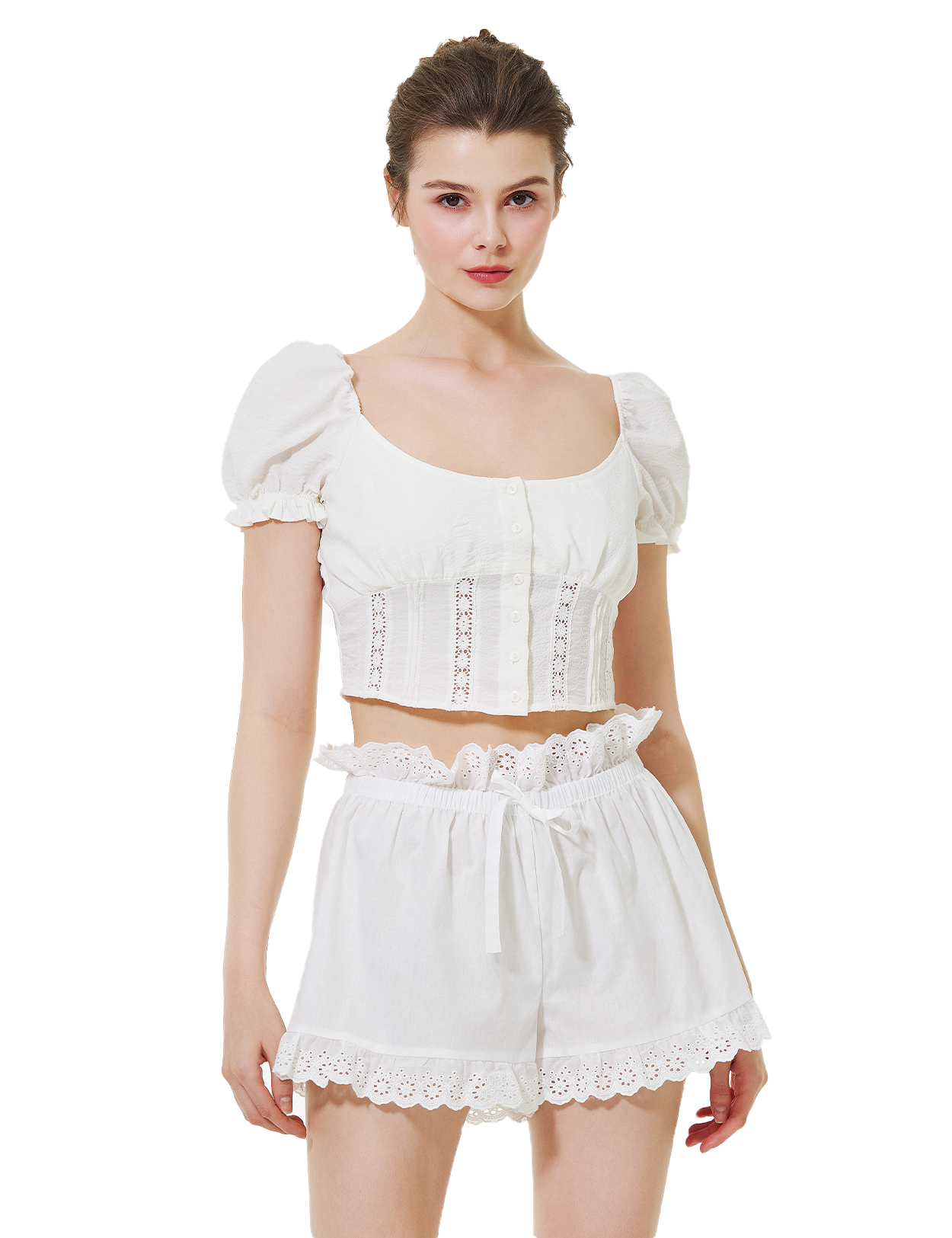 Women's High Waisted Embroidered Shorts with Lace Trim - Model wearing