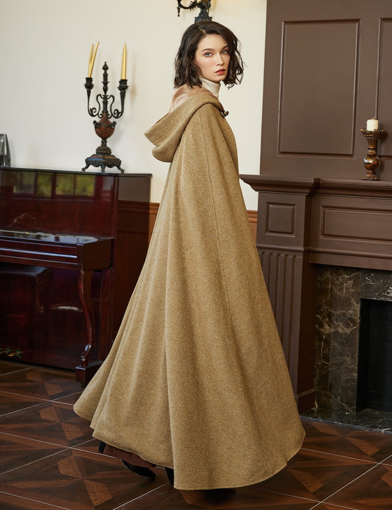 Women's medieval hooded cloak, showing full 55-inch length and vintage horn buckle closure