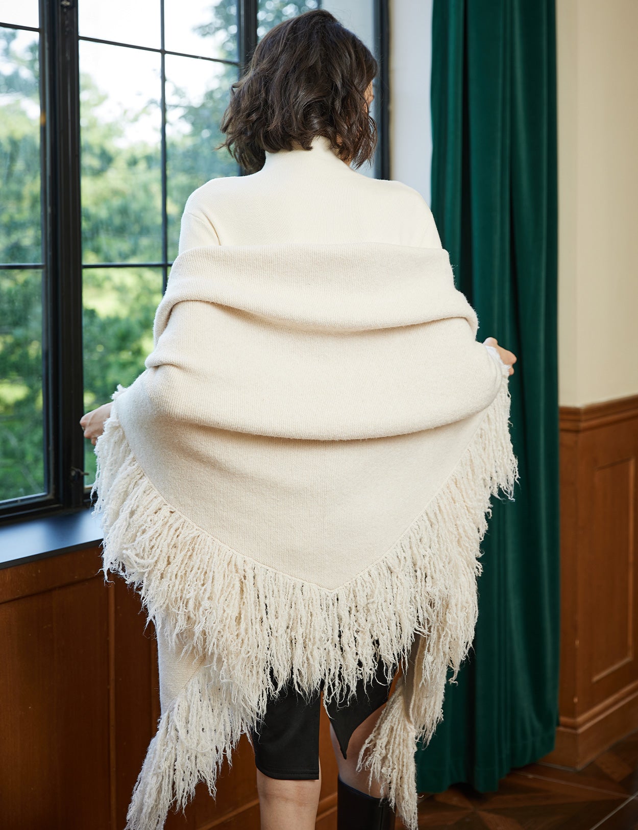 Wool blend knitted shawl with fringe detail - cozy blanket wrap for women