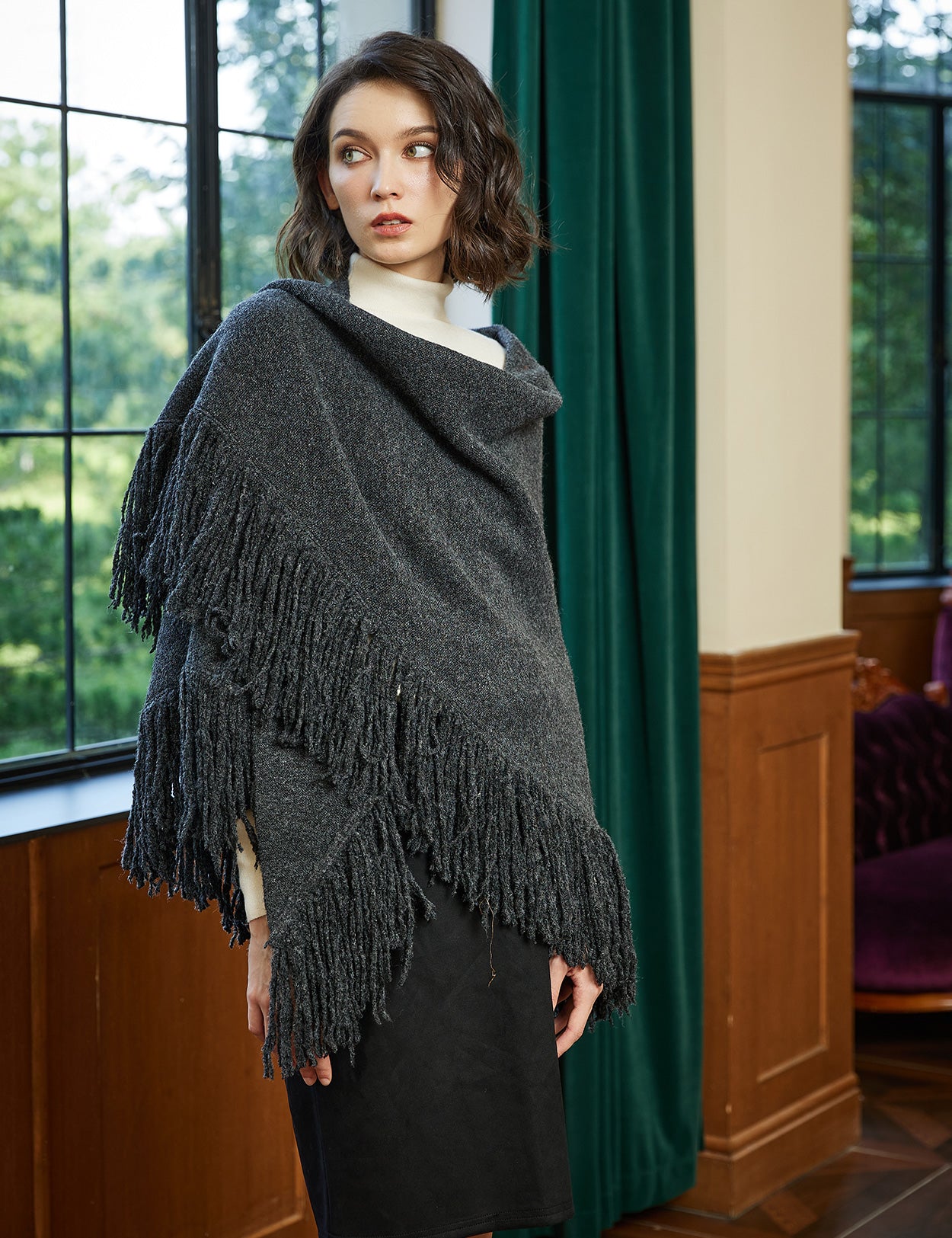 Wool blend knitted shawl with fringe detail - cozy blanket wrap for women