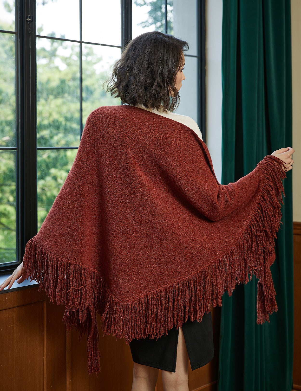 Wool blend knitted shawl with fringe detail - cozy blanket wrap for women