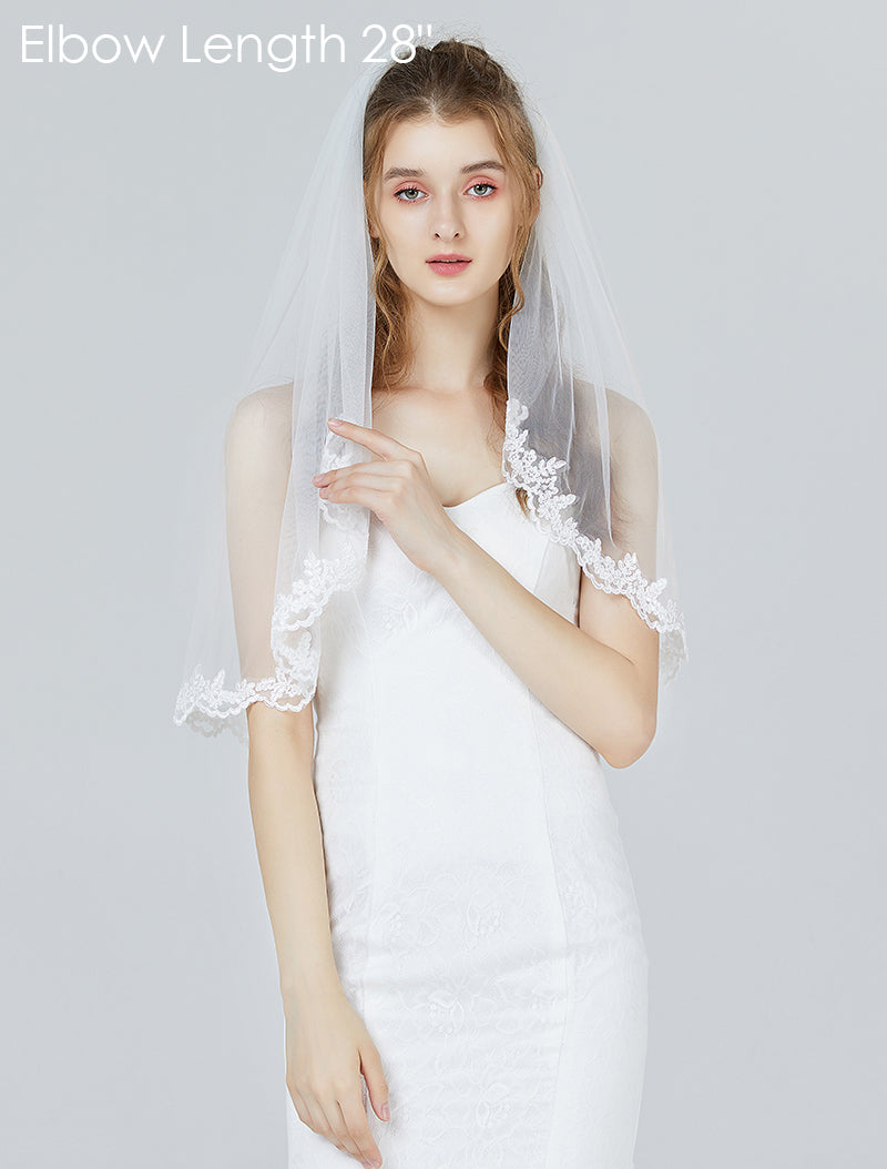 Voile de mariée avec peigne, 1 niveau, bord en dentelle, longueur du bout des doigts, 91 cm - V71