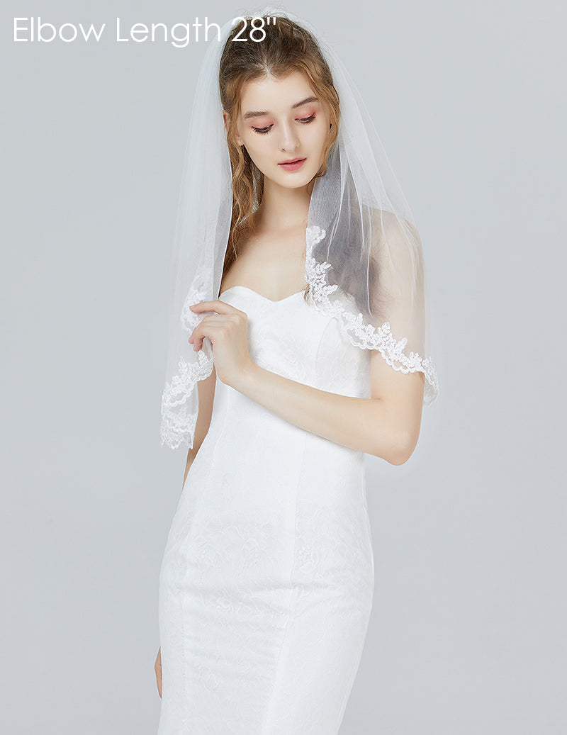 Voile de mariée avec peigne, 1 niveau, bord en dentelle, longueur du bout des doigts, 91 cm - V71